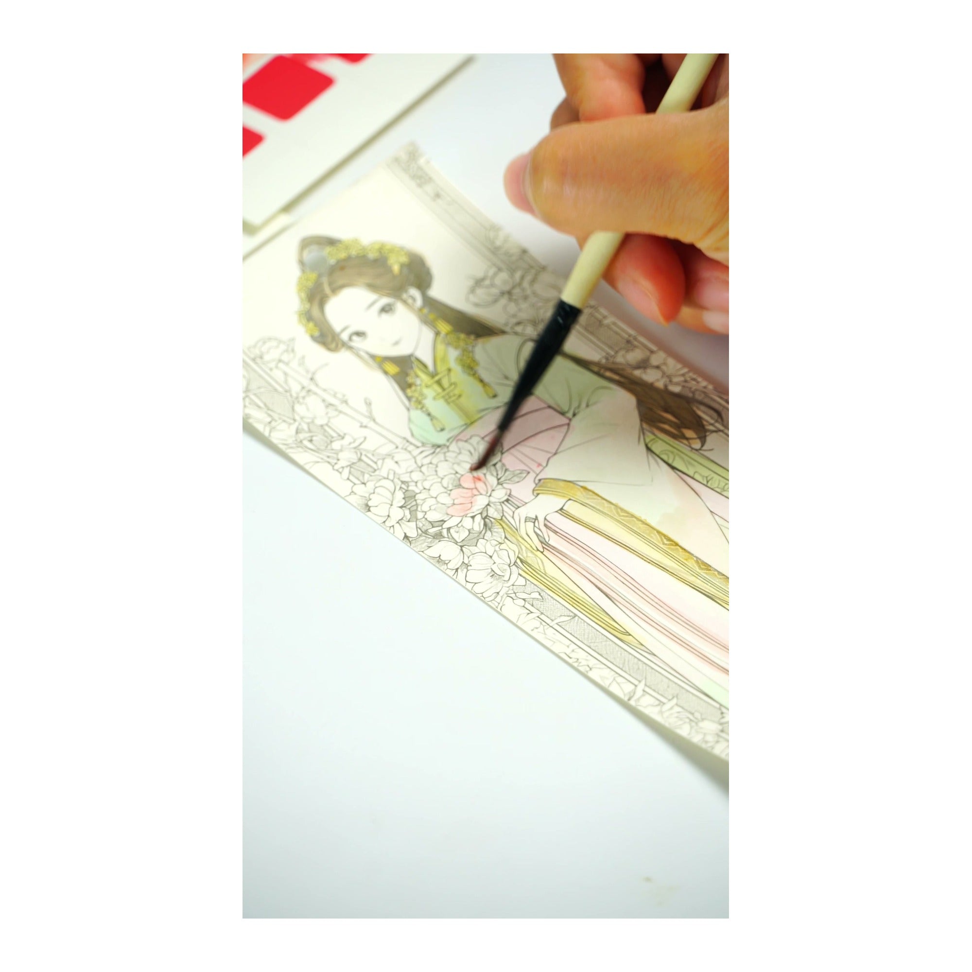 COI0041 Crimson Peony watercolor bookmark painting process closeup