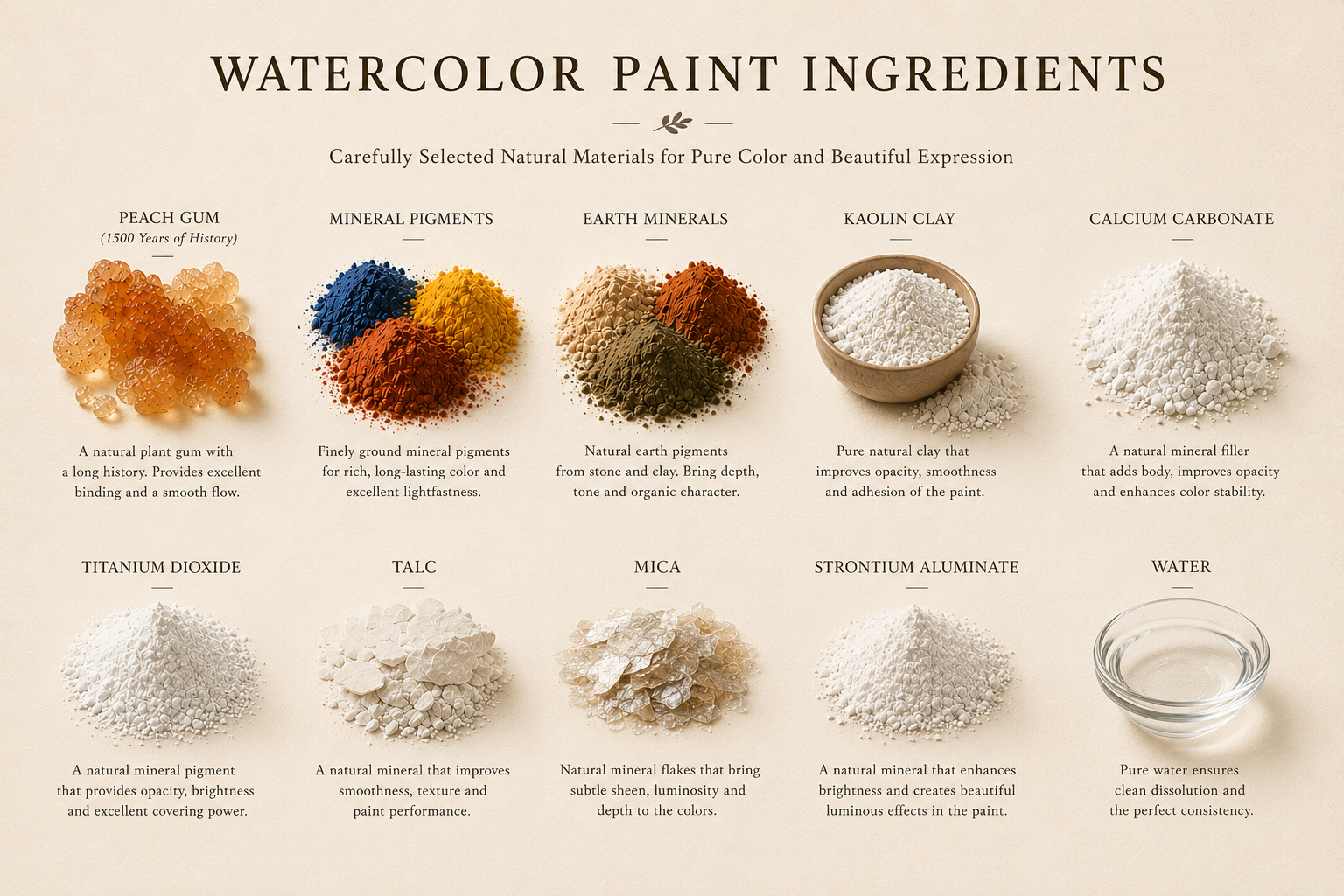 Ingredientes de la pintura de acuarela utilizada en las paletas de COI Play, incluyendo goma de melocotón, pigmentos minerales, minerales de la tierra, arcilla de caolín, carbonato de calcio, dióxido de titanio, talco, mica, aluminato de estroncio y agua