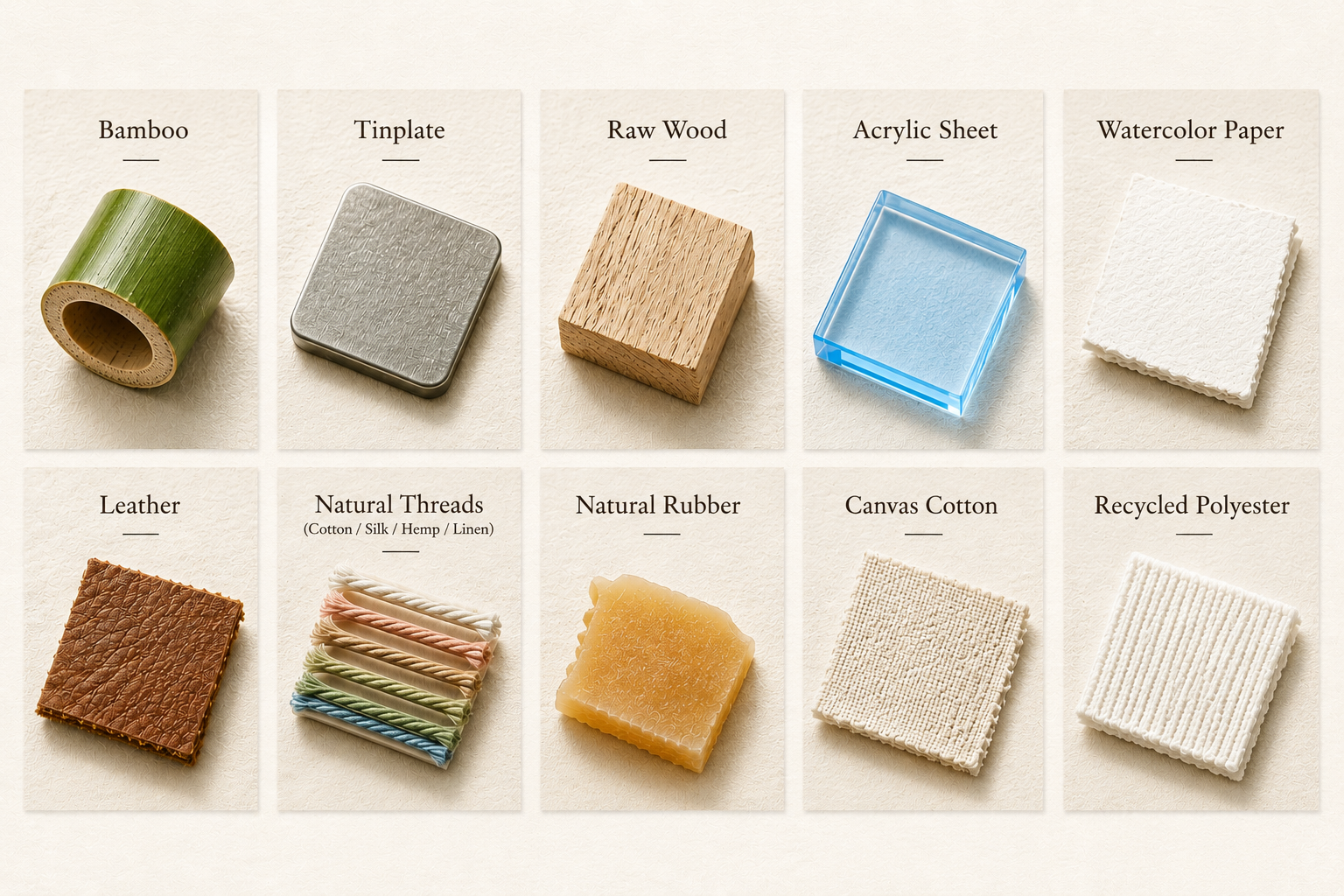 Colección de materiales COI Play: bambú, hojalata, madera sin tratar, lámina acrílica, papel de acuarela, cuero, hilos naturales, caucho natural, algodón de lona y poliéster reciclado