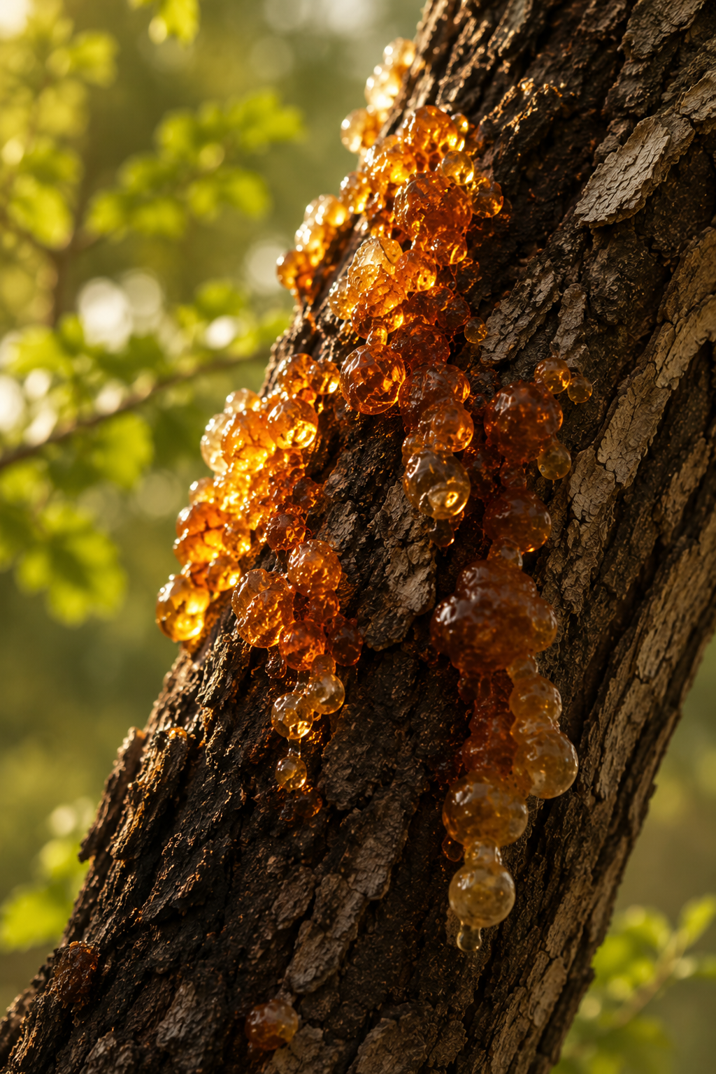 Peach gum resin on the bark of a peach tree, one of the natural plant gums used in COI Play watercolor binder research